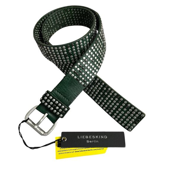 Liebskind Berlin Studded Leather Belt Green Size 85cm Silver Buckle Rock - Picture 1 of 7